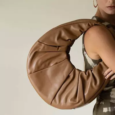 $295 • Buy $495 NWT STAUD Camel Mushroom Leather Soft Moon Shoulder Tote Bag