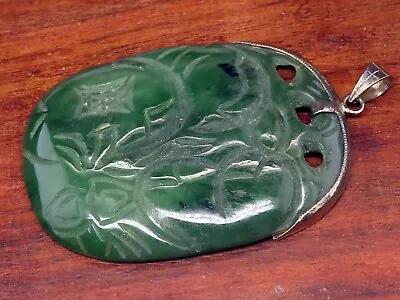 Vintage Sterling Silver PIERCED CARVED ETCHED CHINESE JADE PENDANT Charm • $39.95