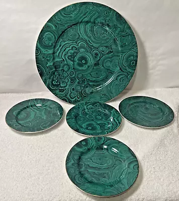 (4) NEIMAN MARCUS Green Malachite Bread & Butter Plates & A Charger - Nice! • $149.99