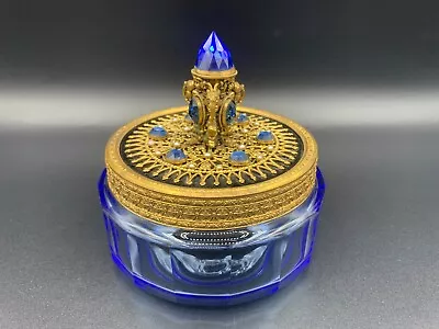 1930 J. Hoffmann For Moser Faceted Cobalt Blue Glass Trinket Ormolu Filigree Lid • $342.99