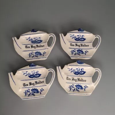 4 Mini Teapot Shaped Teapot/Spoon Holders White/Blue MINOR CHIPS Used • $9.50