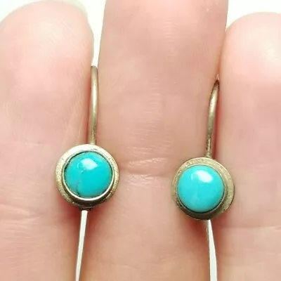 Vintage Sterling Silver And Bezel Set Turquoise Small Dangle Earrings Estate • $25.50