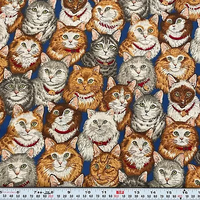 Vintage Cranston Cats On Blue Cotton Fabric By The HALF YARD • $6