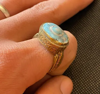 Unique Vintage Enamel Turquoise Ring Gold Color Evil Eye Estate Jewelry - Brass • $119