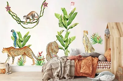 Tropical Cheetah Monkey Coconut Banana Tree Wall Decal Sticker Peel And Sticker • $45.50