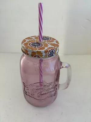 Pioneer Woman Pink Mason Jar 32 Oz Butterfly Drinking Glass Lid & Straw New • $15