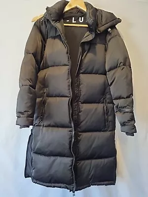 Decjuba D-luxe Long Puffer Jacket Detachable Hood Side Slit Zipper Coat Sz Xs  • $134.10