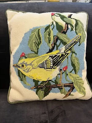 Vintage Needlepoint Pillow Yellow Bird On Branch Handmade Green Velvet Backing • $19.99