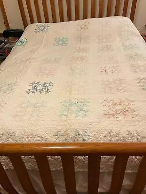 Vintage Hand Stitched Patchwork Quilt Hand Quilted 74  X 80  Worn Faded Squares • $29.99