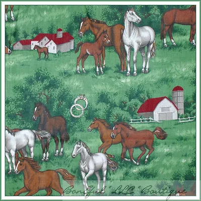 BonEful Fabric FQ Cotton Green Tree VTG Horse Pony Colt Farm VTG Scenic Red Barn • $4.75