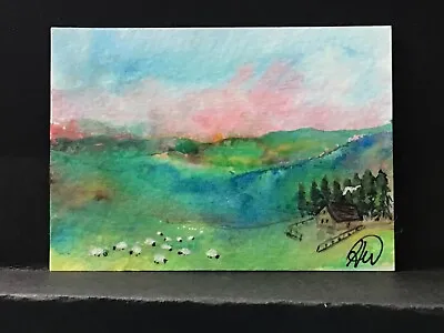ACEO Original Watercolour Painting.  Sheep In The Valley. • £1.50