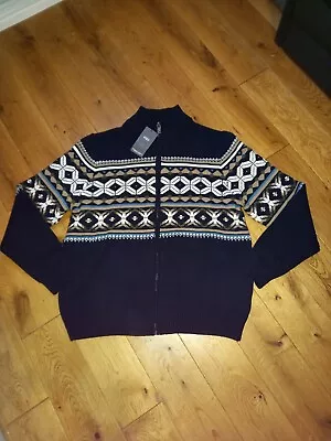 Mens Marks & Spencer M&s Navy Blue Zip Up Fairisle / Nordic Cardigan 2xl Bnwt • £26.49