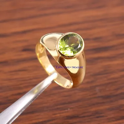 Natural Peridot Gemstone With 925 Sterling Silver Gold Plated Ring For Men's #19 • £87.04