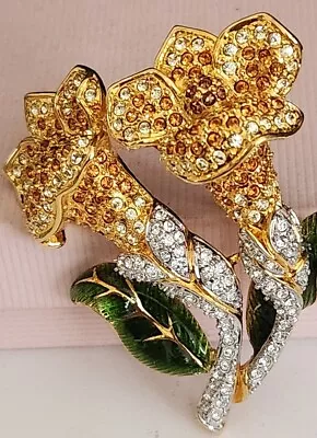 Nolan Miller Yellow Daffodil Flower Pin Brooch Crystals RS W Green Enamel  • $194.99