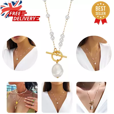 Freshwater Pearl Necklace Seed Pearl Herringbone Chain Toggle Gold Necklace • £8.99