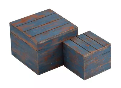 Set Of 2 Nautical Wood Storage Box Blue Wooden Distressed Box Seaside Home Box • £8.50