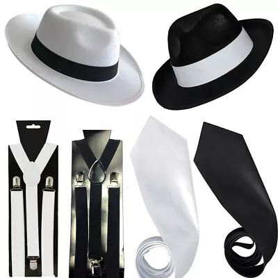 MEN GANGSTER HAT TIE BRACES SET FELT TRILBY AL CAPONE 1920's FANCY DRESS LOT • £3.99