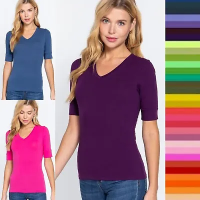 $5.45 • Buy Junior Petite Women's  V-Neck 3/4 Sleeve Basic Top Soft Stretch Cotton T Shirt