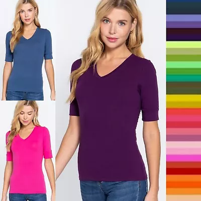 $5.45 • Buy Junior Petite Women's  V-Neck 3/4 Sleeve Basic Top Soft Stretch Cotton T Shirt