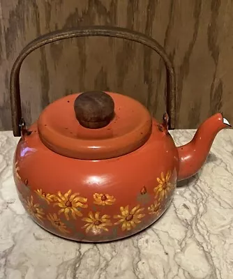 Vintage Floral Tea Pot Kettle Teapot Kitchen Daisy Enamel Wood Cottage Boho 70's • $39