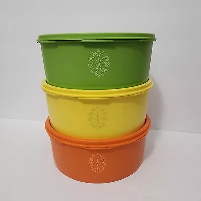 Vintage Set 3 Tupperware Green Yellow Orange Servalier Canisters W/Lids 1204 • $25