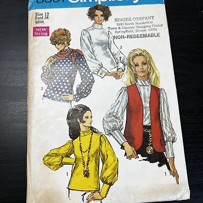 Vintage 1960s Simplicity 8351 Vest Blouses Tops + Scarf Sewing Pattern 12 XS CUT • $6