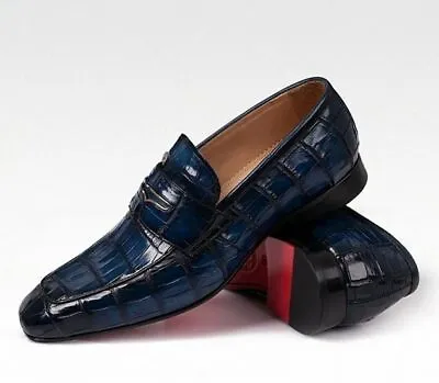 New Handmade Real Crocodile Texture Leather Blue Slip On Loafer Shoes For Men • $156.45