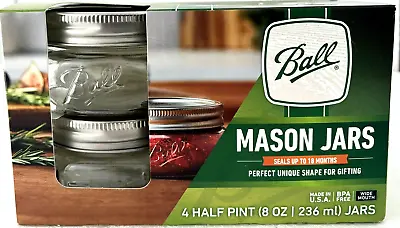 BALL Mason Jars 4 Half Pint Wide Mouth 8 Oz Jars + Sealing Rings + Lids NEW NIB • $24.99
