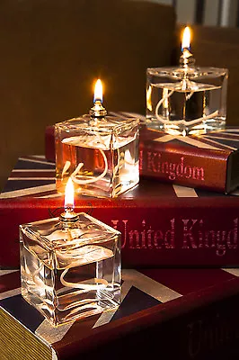 Set Of 3 Mini Cube Glass Oil Lamps For Use With Sootless And Odourless Lamp Oil • £28.99