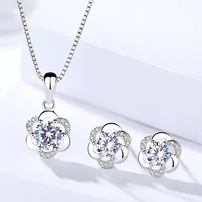£4.97 • Buy 925 Sterling Silver Crystal Swirl Necklace Stud Earrings Womens Girls Jewellery