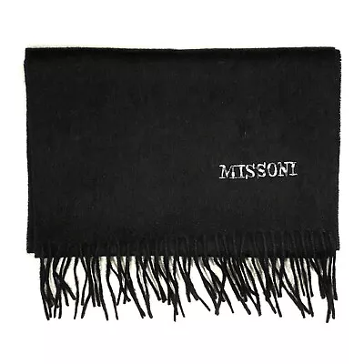 Missoni Unisex  Wool Black Knit Logo  Scarf Rectangle Fringe Hem Neck Warmer • $19.54