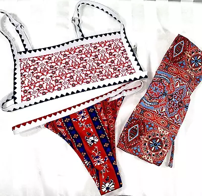 Zaful & Shein Bikini Set Small  Boho Red White Blue Print Bandeau Top • $9.99