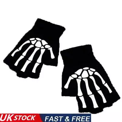 Halloween Fingerless Skeleton Fingers Gloves  Black Gothic Punk Gloves K FAST • £2.39