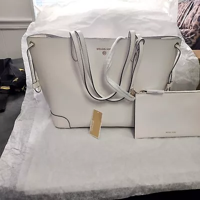 Michael Kors Edith Large Open Leather Tote Bag Optic White Detachable Pouch New • $109.95