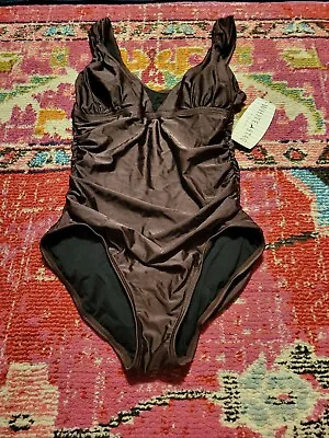 VTG NEW NOS Brown Passion White Stag L 12 14 One Piece Swimsuit Ruched Womens • $27.79
