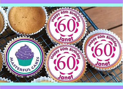 24 PERSONALISED 60th PINK BIRTHDAY DESIGN EDIBLE RICE PAPER CUP CAKE TOPPERS • £3.45