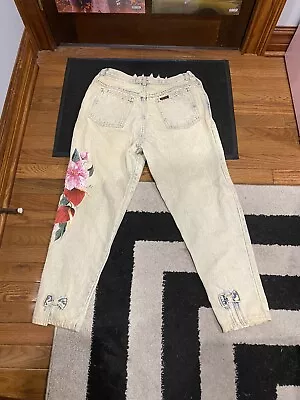 Vintage 80s Sasson Bow Acid Acid Wash High Waisted Mom Jean Taper Floral Painted • $26.99