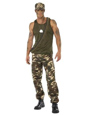 Deluxe Khaki Camo Costume Halloween Fancy Dress Mens Male Army Soldier Adult • £41.95