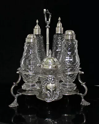 Antique English Sterling Silver Cut Crystal Cruet 5 Piece Set Stand With Handle • $750