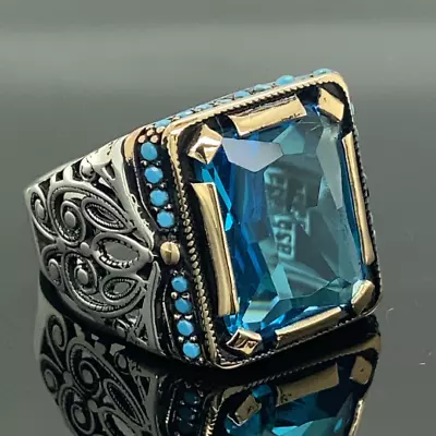 Men Aquamarine Stone Ring  Blue Stone Ring  Vintage Men Ring  Silver Ring • $65