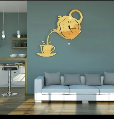 DIY 3D Wall Clock Coffee Cup Tea Pot Mirror Surface Wall Sticker Clock • £9.25