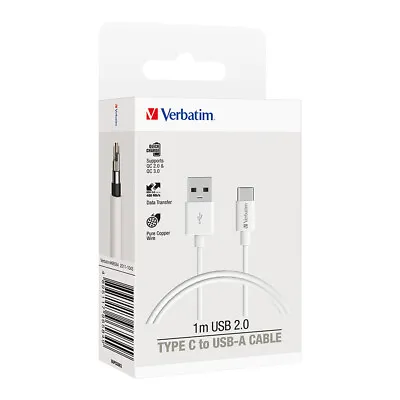 Verbatim Charge & Sync USB To USB-C Soft Touch Rubber Durable Cable 1m - White • $17.95