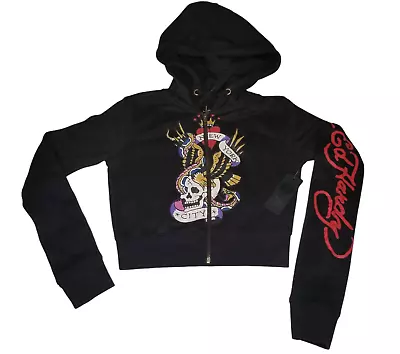 NWT Ed Hardy Retro Skull Cropped Zip Hoodie Women's Black Sweatshirt Small Y2K • $39.99