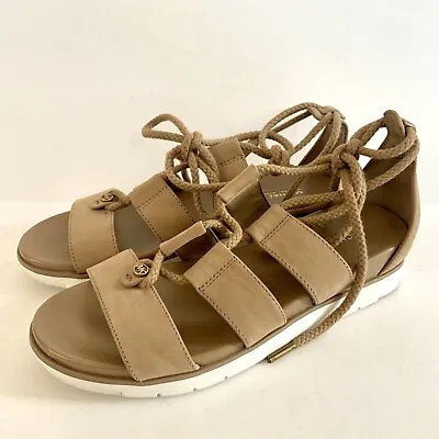 Michael Kors Tan Sandals Womens 7 Gladiator Wrap Ankle Rope Flats Leather Brown • $19.99