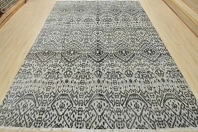 Fine Ikat 9′ X 12’1” Grey Wool/Viscose Hand-Knotted Oriental Rug • $3756.15