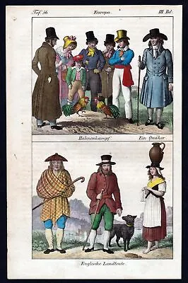 1830 - England Quaker Cockfight Traditional Costumes Lithography Antique • £15.14