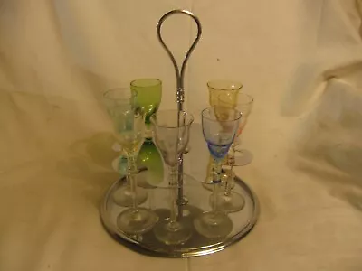 Vintage Chrome Stand/ Rack W 7 Beveled Pedestal Shot Glasses / Barware Glasses • $20