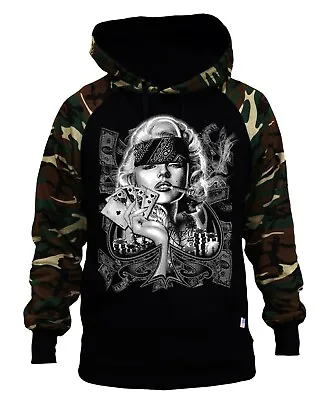 Men's Marilyn Monroe Spade Pose Camo/Black Raglan Hoodie Gangster High Tattoo • $28.99