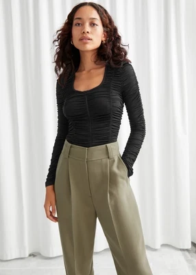 £20 • Buy & Other Stories Fitted Gathered Square Neck Zip Up Top Black Size 38