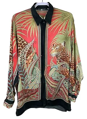 Genelli 100% Silk Retro Print Bahama Leopard Long Sleeve Shirt Size L • $105